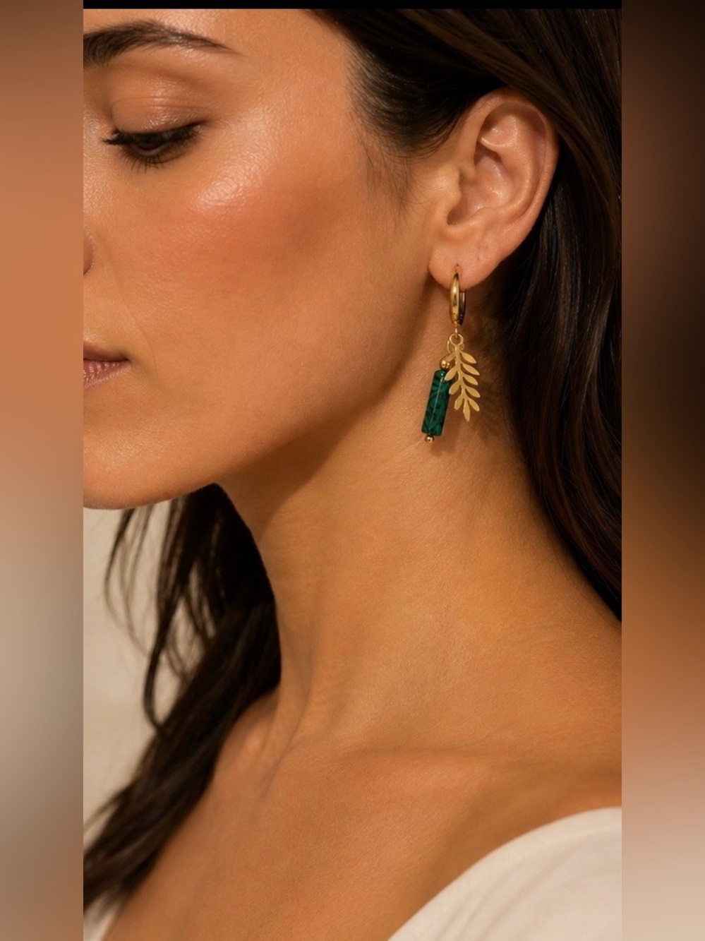 Gold Leaf Hoop Earrings with Green Stone Drop-Stainlees St,18K Gold Plated